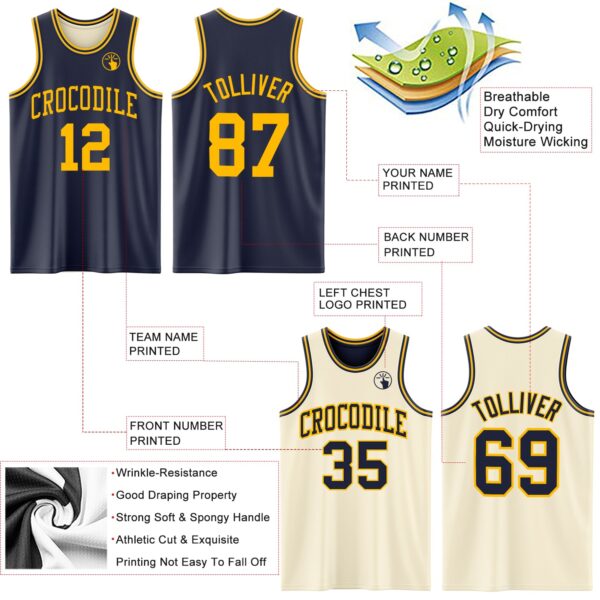 Custom Reversible Navy Gold Double Side Sublimation Basketball Suit Jersey