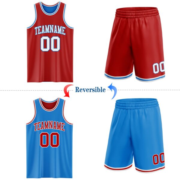Custom Reversible Red White-Powder Blue Double Side Sublimation Basketball Suit Jersey