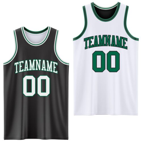Custom Reversible Black White-Kelly Green Double Side Sublimation Basketball Suit Jersey