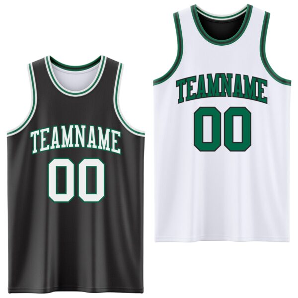 Custom Reversible Black White-Kelly Green Double Side Sublimation Basketball Suit Jersey