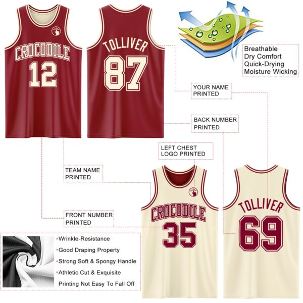 Custom Reversible Maroon Cream Double Side Sublimation Basketball Suit Jersey