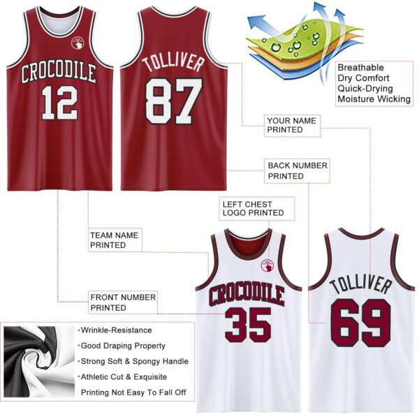 Custom Reversible Maroon White-Black Double Side Sublimation Basketball Suit Jersey