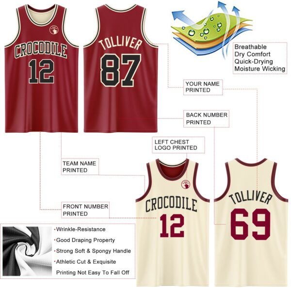 Custom Reversible Maroon Black-Cream Double Side Sublimation Basketball Suit Jersey