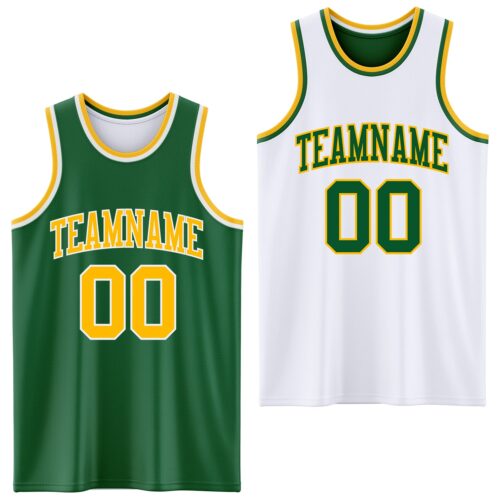 ReversibleD0181 Custom Reversible Kelly Green Gold-White Double Side Sublimation Basketball Suit Jersey