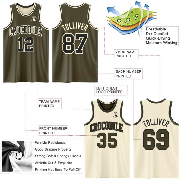 Custom Reversible Olive Black-Cream Double Side Salute To Service Sublimation Basketball Suit Jersey