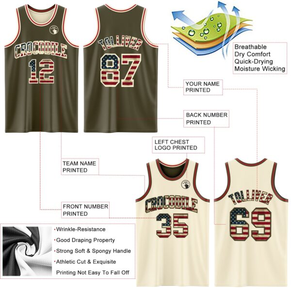Custom Reversible Olive Vintage USA Flag Cream-Red Double Side Salute To Service Sublimation Basketball Suit Jersey