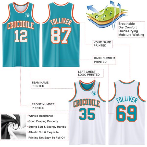 Custom Reversible Teal White-Orange Double Side Sublimation Basketball Suit Jersey