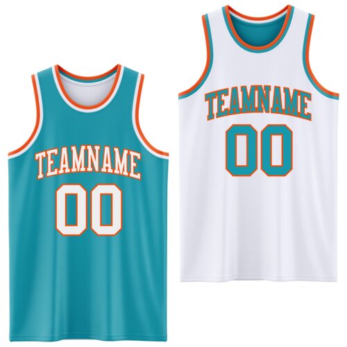 Custom Reversible Teal White-Orange Double Side Sublimation Basketball Suit Jersey