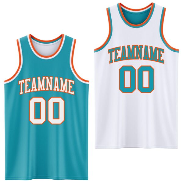 Custom Reversible Teal White-Orange Double Side Sublimation Basketball Suit Jersey