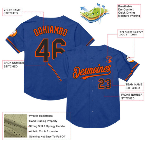 Custom Royal Black-Orange Mesh Authentic Throwback Baseball Jersey