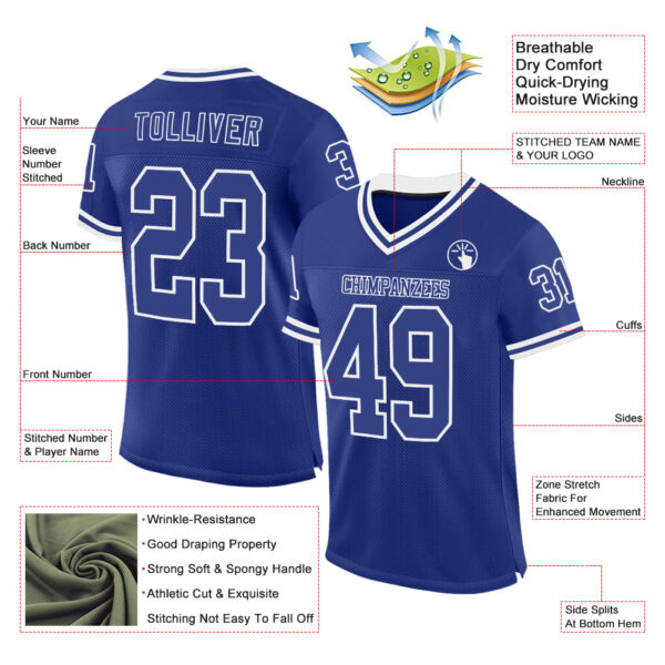 Custom Royal White Mesh Authentic Throwback Football Jersey