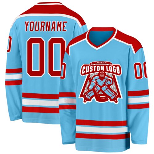 SkyBlue0002 Custom Sky Blue Red-White Hockey Jersey