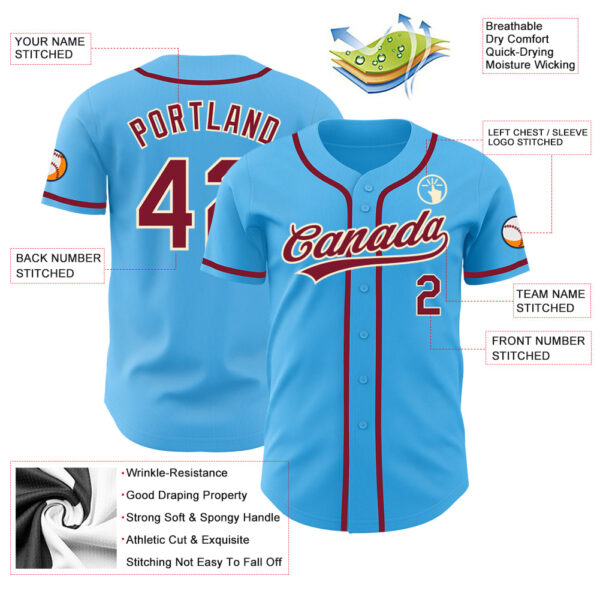 Custom Sky Blue Crimson-Cream Authentic Baseball Jersey