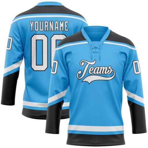 SkyBlue0048 Custom Sky Blue White-Black Hockey Lace Neck Jersey