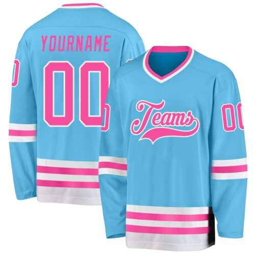 SkyBlue0088 Custom Sky Blue Pink-White Hockey Jersey