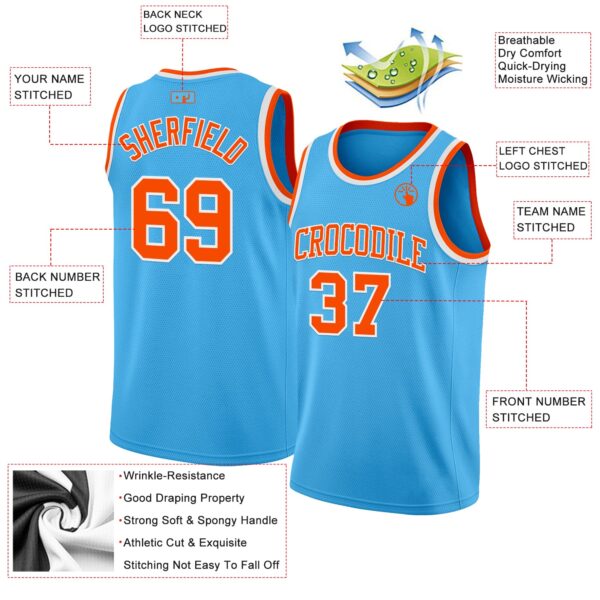 Custom Sky Blue Orange-White Authentic Basketball Jersey