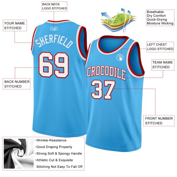 Custom Sky Blue White-Red Authentic Basketball Jersey
