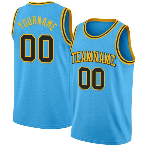 Custom Sky Blue Balck-Gold Authentic Basketball Jersey