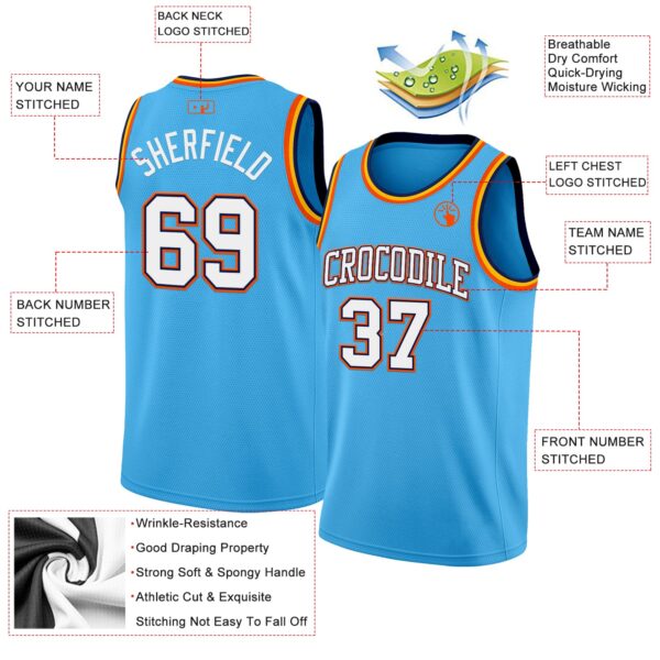 Custom Sky Blue White Navy-Orange Authentic Basketball Jersey