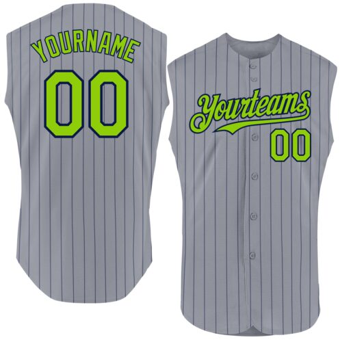 Sleeveless0004 Custom Gray Navy Pinstripe Neon Green Authentic Sleeveless Baseball Jersey