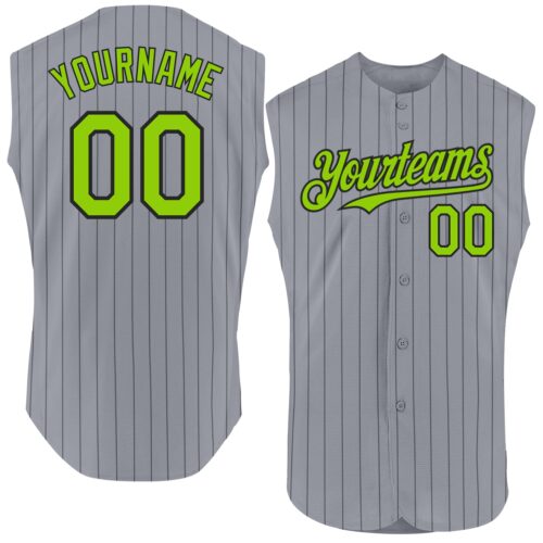 Sleeveless0013 Custom Gray Black Pinstripe Neon Green Authentic Sleeveless Baseball Jersey