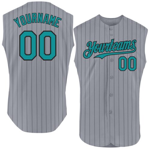 Sleeveless0016 Custom Gray Black Pinstripe Teal Authentic Sleeveless Baseball Jersey