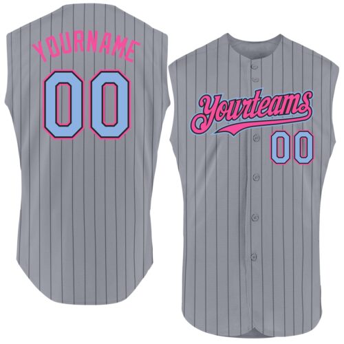 Sleeveless0017 Custom Gray Black Pinstripe Light Blue-Pink Authentic Sleeveless Baseball Jersey
