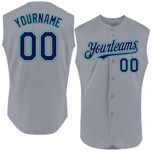 Sleeveless0039 Custom Gray Navy-Teal Authentic Sleeveless Baseball Jersey