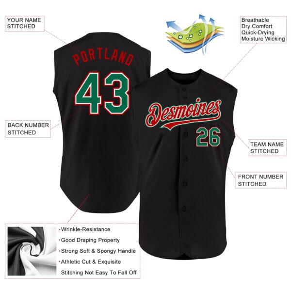 Custom Black Kelly Green-Red Authentic Sleeveless Baseball Jersey