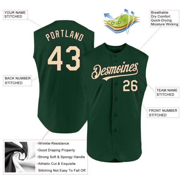 Custom Green Cream-Black Authentic Sleeveless Baseball Jersey