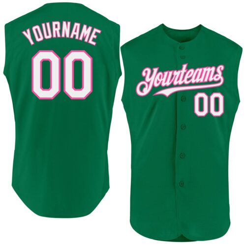 Sleeveless0199 Custom Kelly Green White-Pink Authentic Sleeveless Baseball Jersey