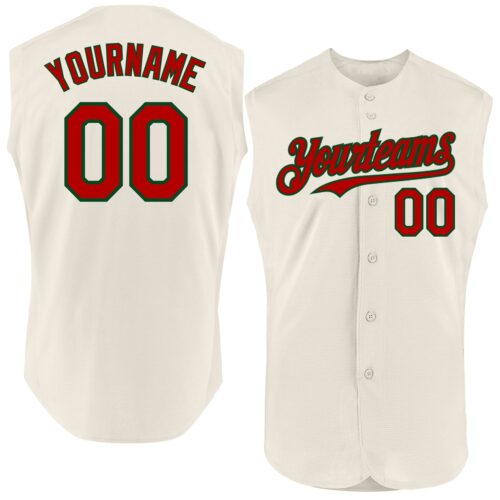Sleeveless0221 Custom Cream Red-Green Authentic Sleeveless Baseball Jersey