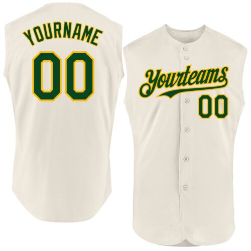 Sleeveless0235 Custom Cream Green-Gold Authentic Sleeveless Baseball Jersey