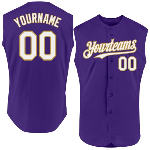 Sleeveless0252 Custom Purple White-Old Gold Authentic Sleeveless Baseball Jersey