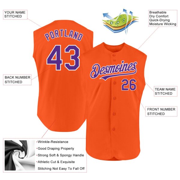 Custom Orange Purple-White Authentic Sleeveless Baseball Jersey