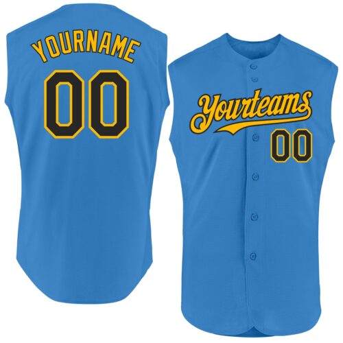 Sleeveless0307 Custom Powder Blue Black-Gold Authentic Sleeveless Baseball Jersey