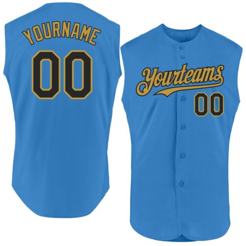 Sleeveless0309 Custom Powder Blue Black-Old Gold Authentic Sleeveless Baseball Jersey