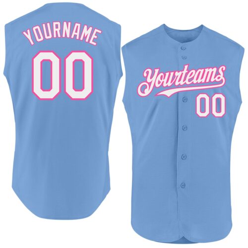 Sleeveless0326 Custom Light Blue White-Pink Authentic Sleeveless Baseball Jersey