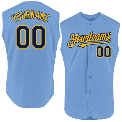 Sleeveless0339 Custom Light Blue Navy-Gold Authentic Sleeveless Baseball Jersey