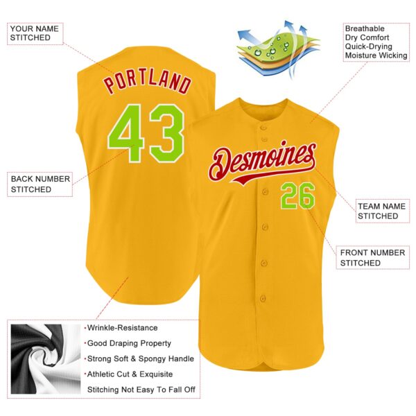 Custom Gold Neon Green-Red Authentic Sleeveless Baseball Jersey