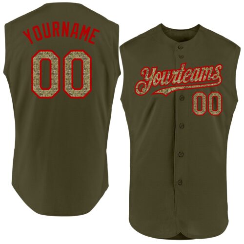 Sleeveless0446 Custom Olive Camo-Red Authentic Sleeveless Salute To Service Baseball Jersey