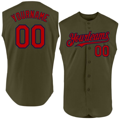 Sleeveless0458 Custom Olive Red-Navy Authentic Sleeveless Salute To Service Baseball Jersey