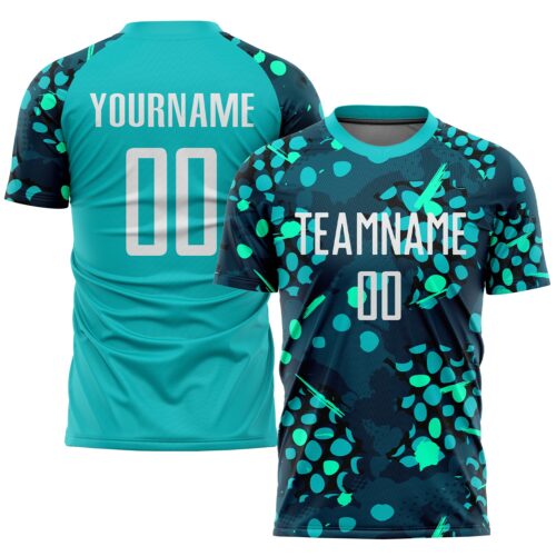 Soccer0248 Custom Aqua White-Navy Sublimation Soccer Uniform Jersey