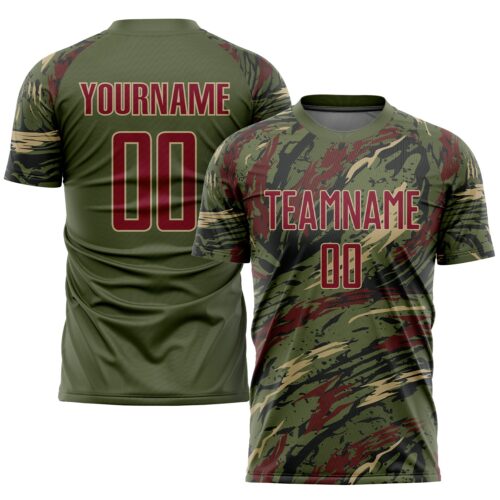 Soccer0254 Custom Olive Crimson-Vegas Gold Sublimation Salute To Service Soccer Uniform Jersey