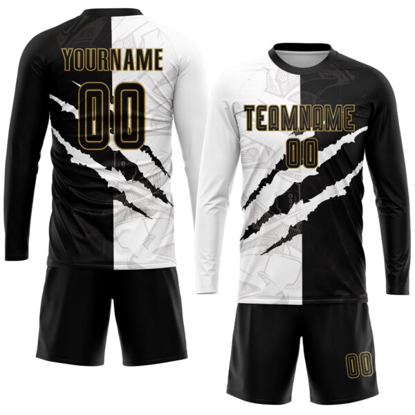 Custom Graffiti Pattern Black-Old Gold Scratch Sublimation Soccer Uniform Jersey