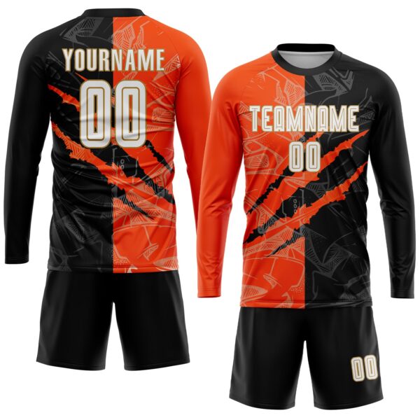 Custom Graffiti Pattern White Black Orange-Old Gold Scratch Sublimation Soccer Uniform Jersey