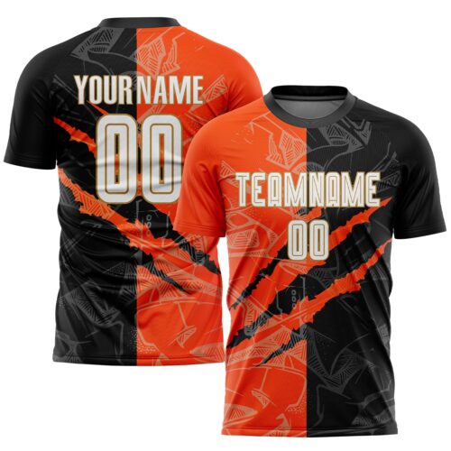 Custom Graffiti Pattern White Black Orange-Old Gold Scratch Sublimation Soccer Uniform Jersey