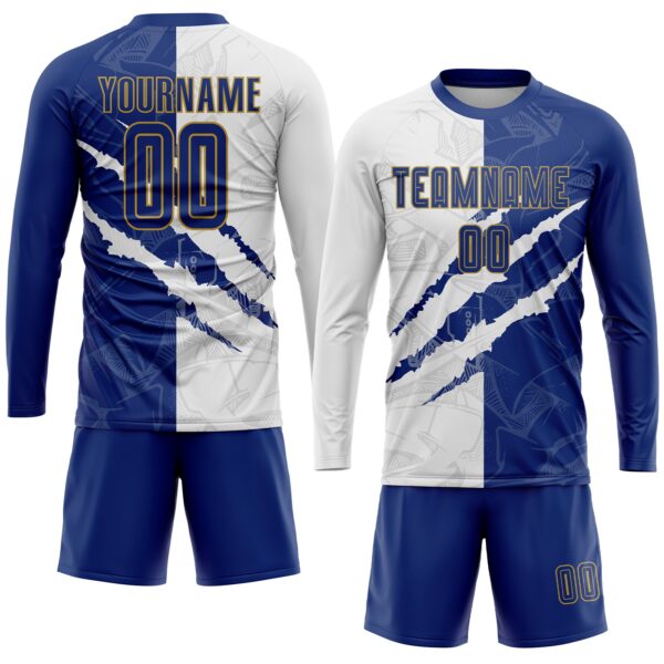 Custom Graffiti Pattern Royal White-Old Gold Scratch Sublimation Soccer Uniform Jersey