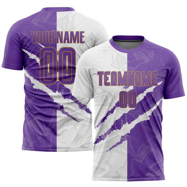 Custom Graffiti Pattern Purple White-Old Gold Scratch Sublimation Soccer Uniform Jersey