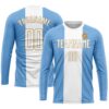 Custom Light Blue White-Old Gold Sublimation Argentinian Flag Soccer Uniform Jersey